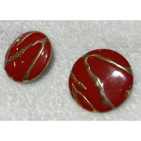 Vintage Rare Animal Print Earrings Enamel Round Red Gold 80s Retro Punk - Picture 4 of 7
